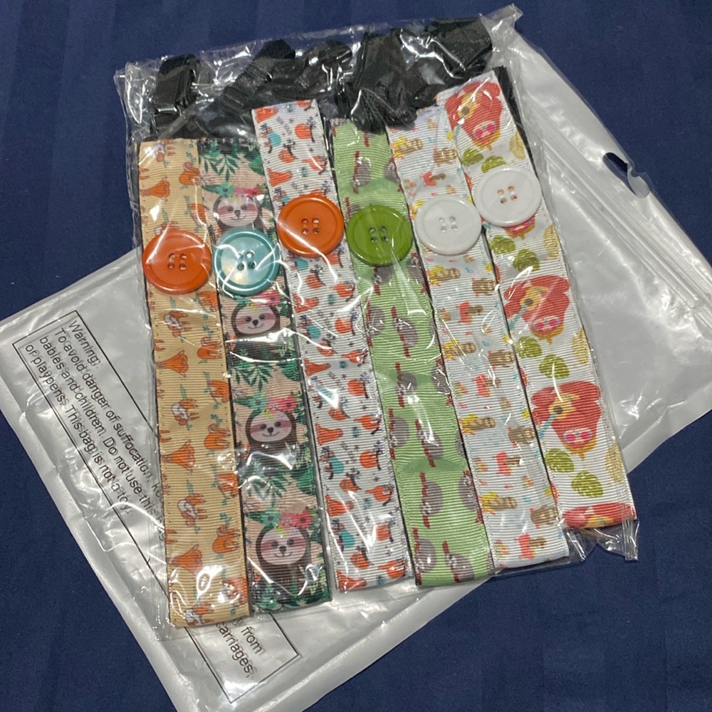 Headbands with buttons for mask-6 piece set, sloth themed